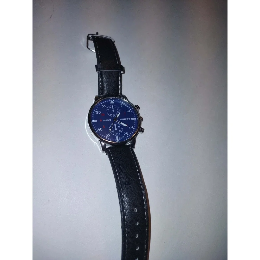 Migeer G2013 Mens Quartz Watch NEW Blue Dial Black Leather Band Silver Case